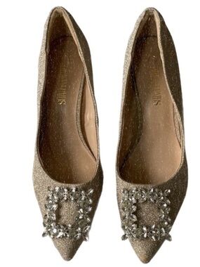 Dream Pairs gold shimmer slip on heels medallion statement pointed toe pumps